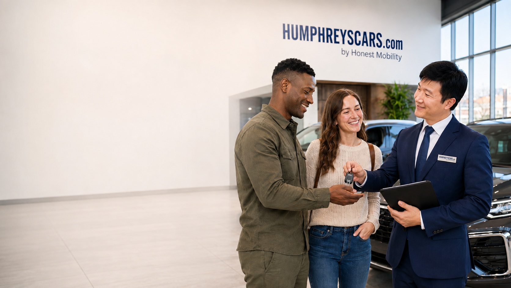 A salesperson handing car keys to two happy customers inside the HumphreysCars.com showroom near Camp Humphreys
