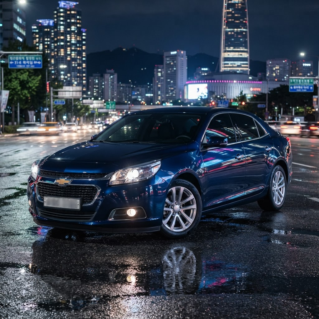 Deep blue 2015 Chevrolet Malibu sedan, front three-quarter view, freshly detailed