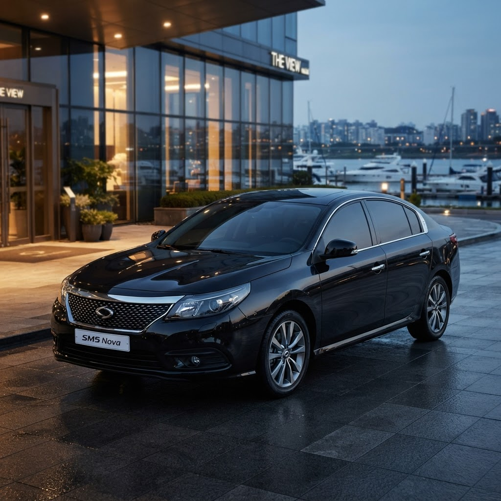 Black Renault Samsung SM5 Nova sedan, front three-quarter view, freshly detailed