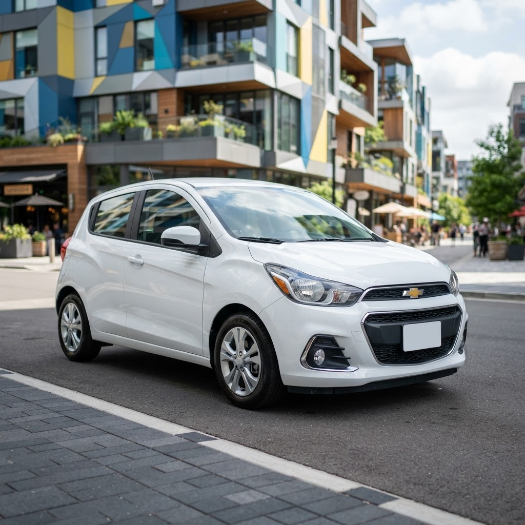 White 2017 Chevrolet Spark compact hatchback, front three-quarter view, freshly detailed
